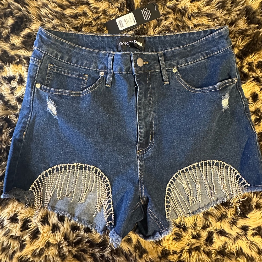NWT: Center of Attention Fashion Nova Dark Blue Jean Shorts with Beaded Accents